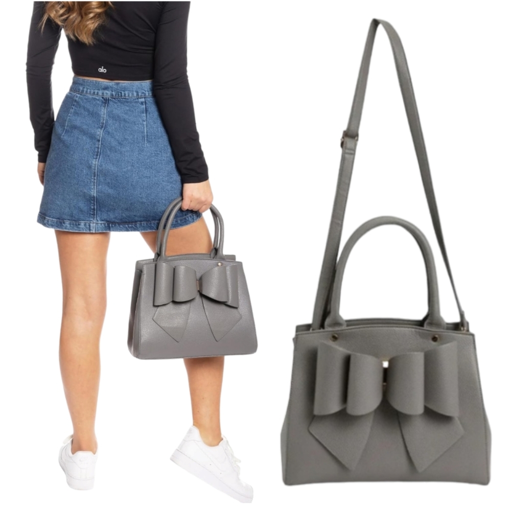 NEW! 3D Bow Vegan Leather 3-Way wear Grey Satchel, Crossbody, & Shoulder (Large)
